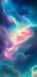 Vibrant cosmic cloud wallpaper with swirling blue and pink hues.