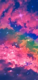 Vibrant cosmic clouds with stars and pink hues wallpaper.