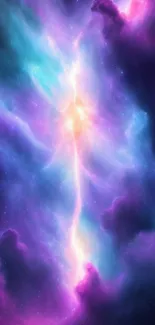 Vibrant cosmic cloud wallpaper with purple and blue hues, ideal for smartphones.