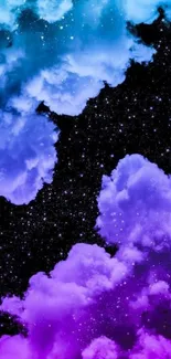 Purple and blue cosmic cloud wallpaper with starry background.