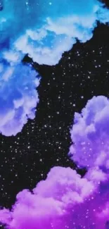 Vibrant cosmic wallpaper with blue and purple clouds in starry background.