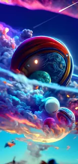 Vibrant cosmic planets and clouds mobile wallpaper.