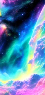 Vibrant cosmic cloudscape with neon colors.