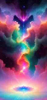 Vibrant cosmic cloudscape wallpaper with colorful swirls and celestial theme.