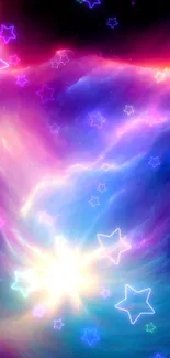 Vibrant cosmic mobile wallpaper with swirling purple nebula and glowing light.