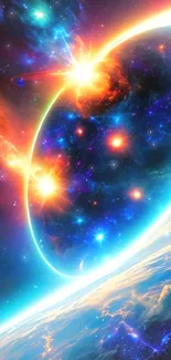 Colorful cosmic digital art wallpaper with vibrant blues and reds.