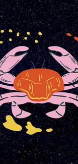 Vibrant pink crab illustration on a dark starry background.