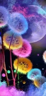 Vibrant cosmic dandelions with colorful night sky and moon.