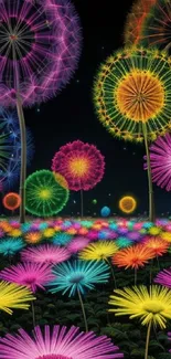 Neon dandelions in a colorful night sky, vibrant mobile wallpaper art.