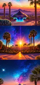 Vibrant sunset and starry night over a desert with palm trees and cosmic sky. 