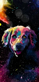 Vibrant cosmic dog art wallpaper with colorful abstract design on black background.