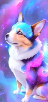 A vibrant cosmic dog in a colorful galaxy-themed background.