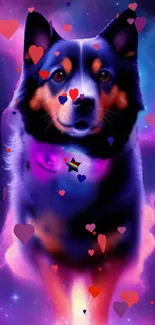 Cosmic dog with colorful hearts in a vibrant galaxy-themed wallpaper.