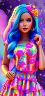 Colorful illustration of a vibrant doll in a cosmic, starry theme.