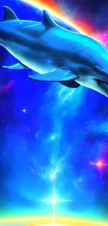 Vibrant blue dolphin gliding through a cosmic space scene with colorful stars.