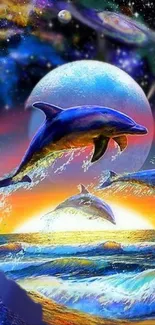 Colorful dolphins leap through cosmic ocean waves under a starry sky.