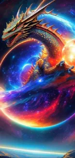 A colorful dragon in a vibrant cosmic setting, ideal for mobile wallpaper.