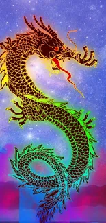 Rainbow-hued cosmic dragon on starry blue backdrop, vibrant art wallpaper.