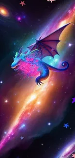 A vibrant cosmic dragon flies through a colorful galaxy, surrounded by stars and space.