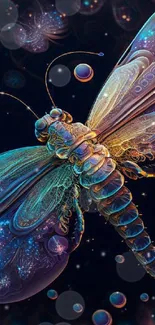 Vibrant fractal dragonfly with cosmic design.