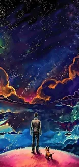 Man and dog under a vibrant cosmic sky.