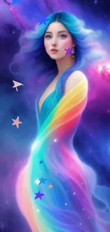 Fantasy figure in a colorful cosmic dreamscape with rainbow hues.