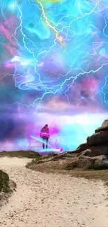 Vivid cosmic landscape with swirling nebula and lightning above a sandy path.