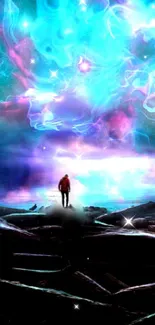 Ethereal cosmic landscape with vibrant colors and mystical figure.