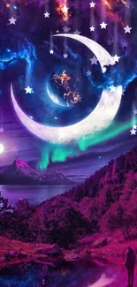 Surreal landscape with crescent moon and vibrant cosmic colors.