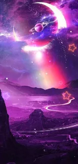 A vibrant cosmic landscape with purple and celestial elements in night sky.