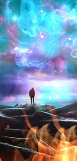 A surreal cosmic dreamscape with a lone figure, nebulae, and swirling flames.