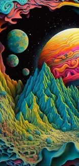 Vibrant cosmic wallpaper with surreal planets and colorful mountains.