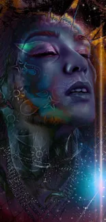 Surreal digital artwork of a cosmic face with vibrant colors in a dreamlike setting.