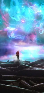 Person in cosmic scenery with vibrant colors and ethereal clouds.