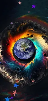 Vibrant cosmic design with Earth in colorful swirl effect.