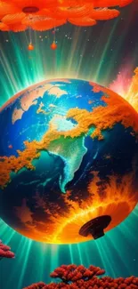 Vibrant cosmic artwork of Earth with bright, colorful elements.