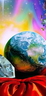 Cosmic Earth resting on a cushion with vibrant colors.