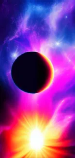 Vibrant cosmic eclipse wallpaper with colorful space scene.