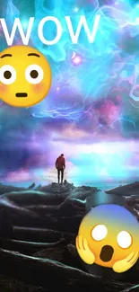 Colorful cosmic wallpaper with emojis and a lone figure standing.