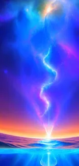 Vibrant cosmic energy wallpaper with blue and purple colors.