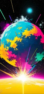 Colorful cosmic explosion wallpaper with vibrant galaxies and space elements.