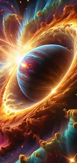 Vibrant cosmic explosion with fiery colors and a planet.