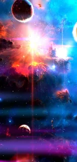 Bright cosmic explosion with planets and vibrant nebula clouds.