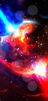 Vibrant cosmic explosion with red and blue hues in a space-themed wallpaper.