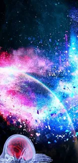 Vibrant cosmic explosion with a blend of vibrant colors on a mobile wallpaper.