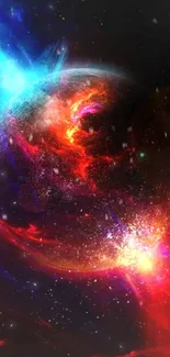 A vibrant cosmic explosion in space, featuring bright colors and planets.