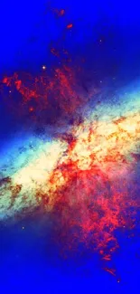 Vibrant cosmic explosion in blue, red, and yellow.