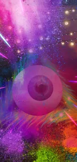 Vibrant cosmic eye with colorful abstract splashes and lights.