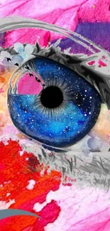 Colorful abstract eye wallpaper with cosmic elements and vibrant colors.