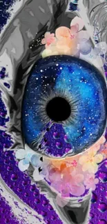 Cosmic eye with stars and floral elements on a purple background.